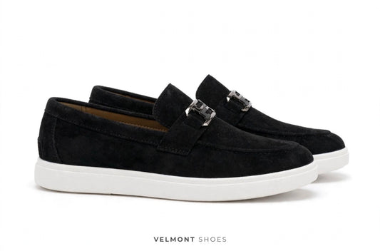 Urban Suede Loafers – Jet Black with Black Gunmetal Buckle – White Sole