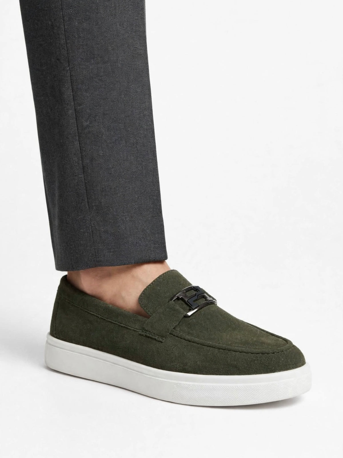 Urban Suede Loafers - Olive Green with Black Gunmetal Buckle - White Sole
