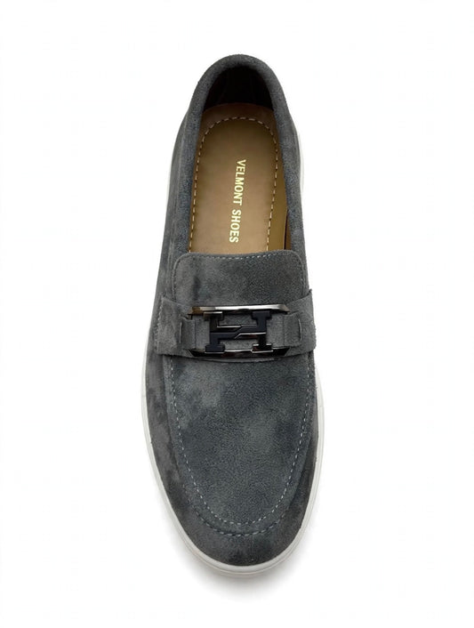 Urban Suede Loafer - Grey with Black Gunmetal Buckle - White Sole