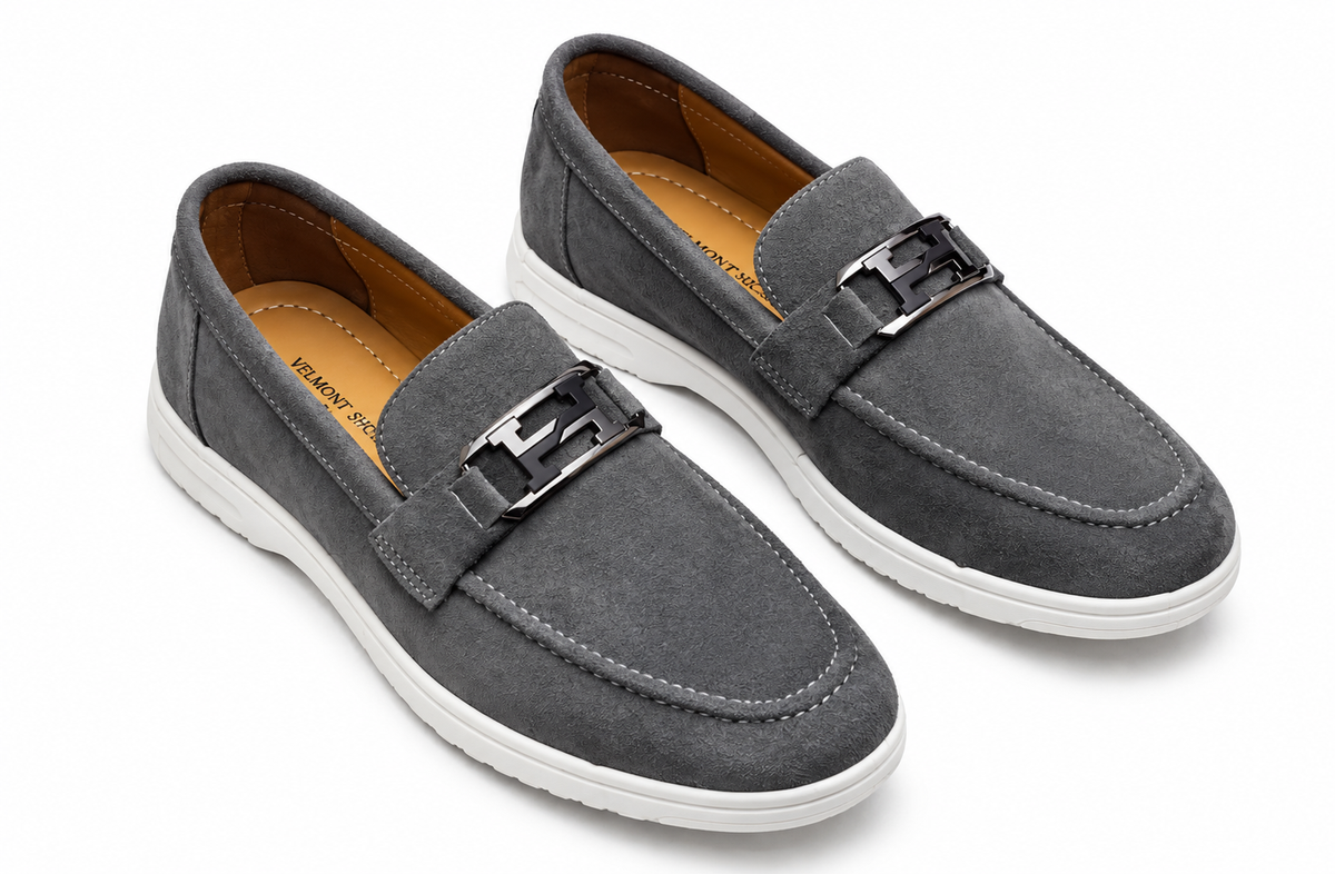 Urban Suede Loafer - Grey with Black Gunmetal Buckle - White Sole