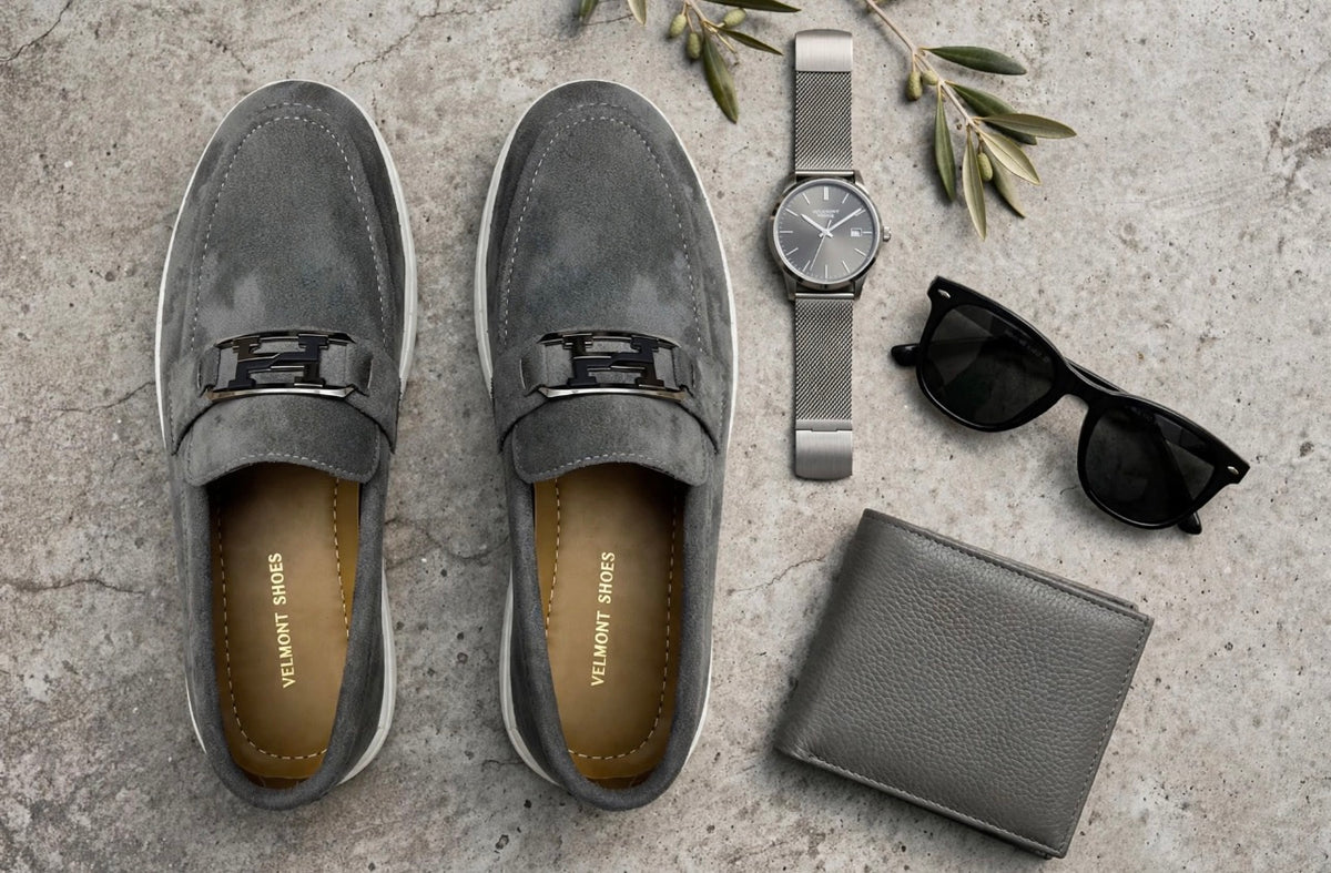 Urban Suede Loafer - Grey with Black Gunmetal Buckle - White Sole