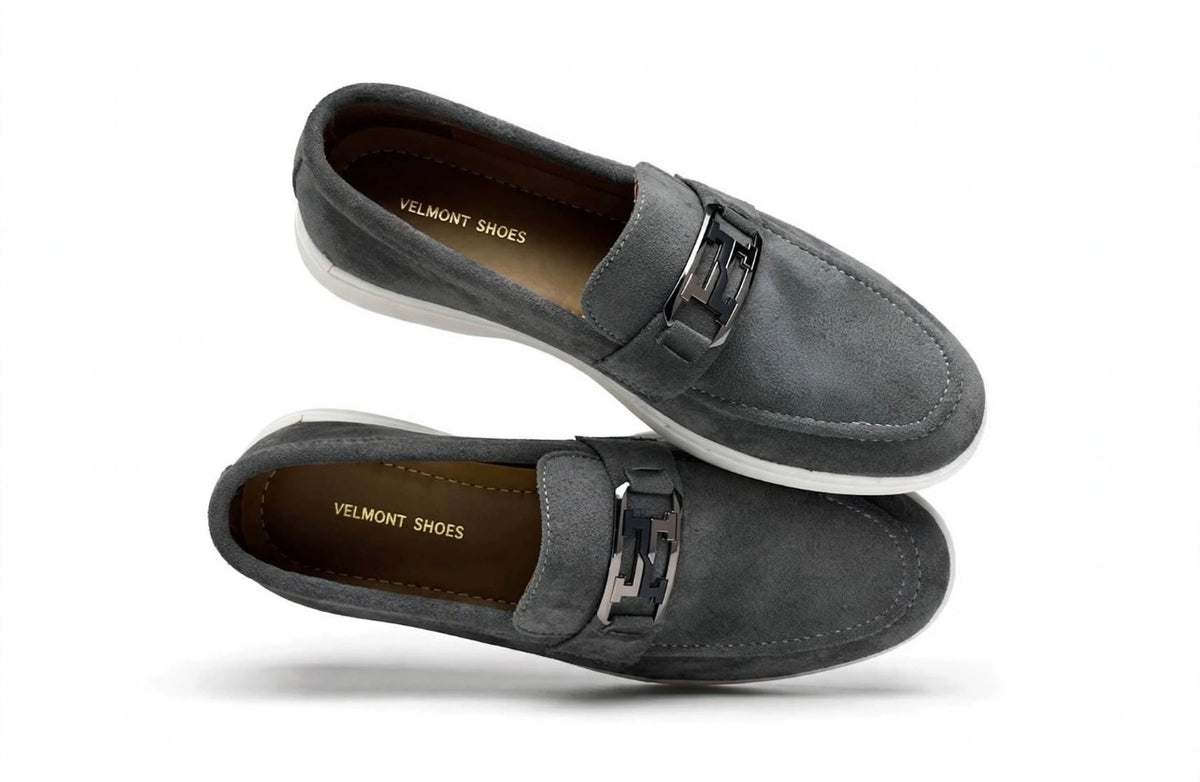 Urban Suede Loafer - Grey with Black Gunmetal Buckle - White Sole