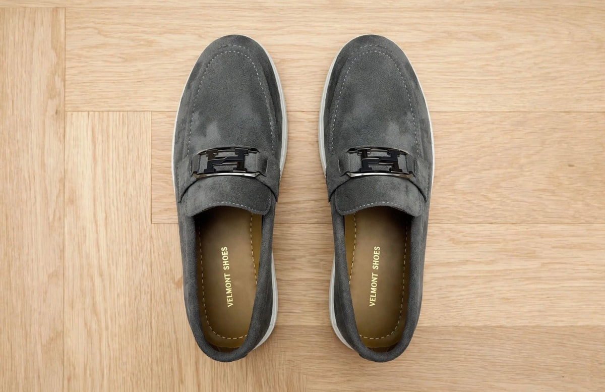 Urban Suede Loafer - Grey with Black Gunmetal Buckle - White Sole