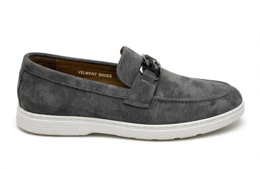 Urban Suede Loafer - Grey with Black Gunmetal Buckle - White Sole