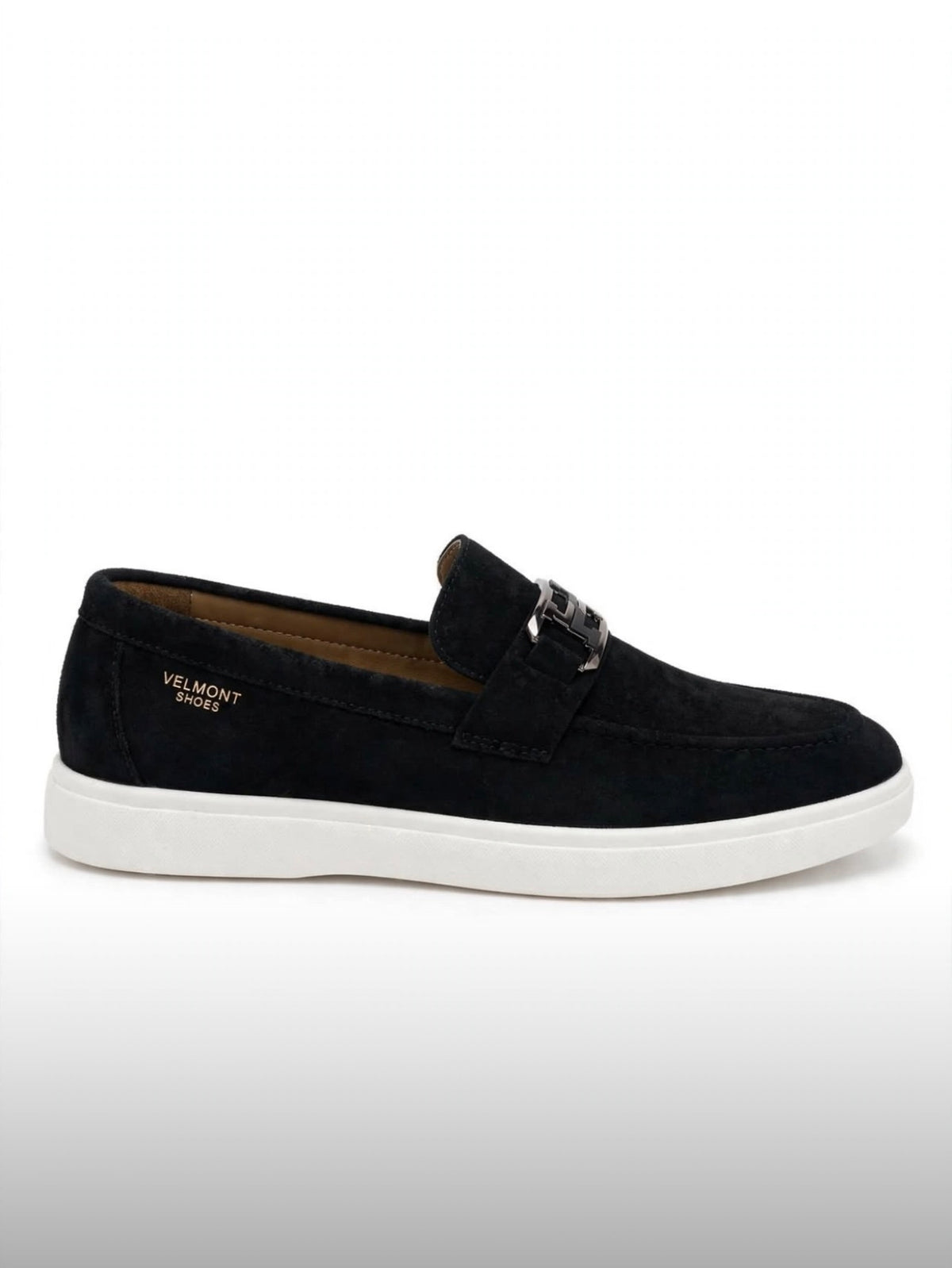 Urban Suede Loafers – Jet Black with Black Gunmetal Buckle – White Sole