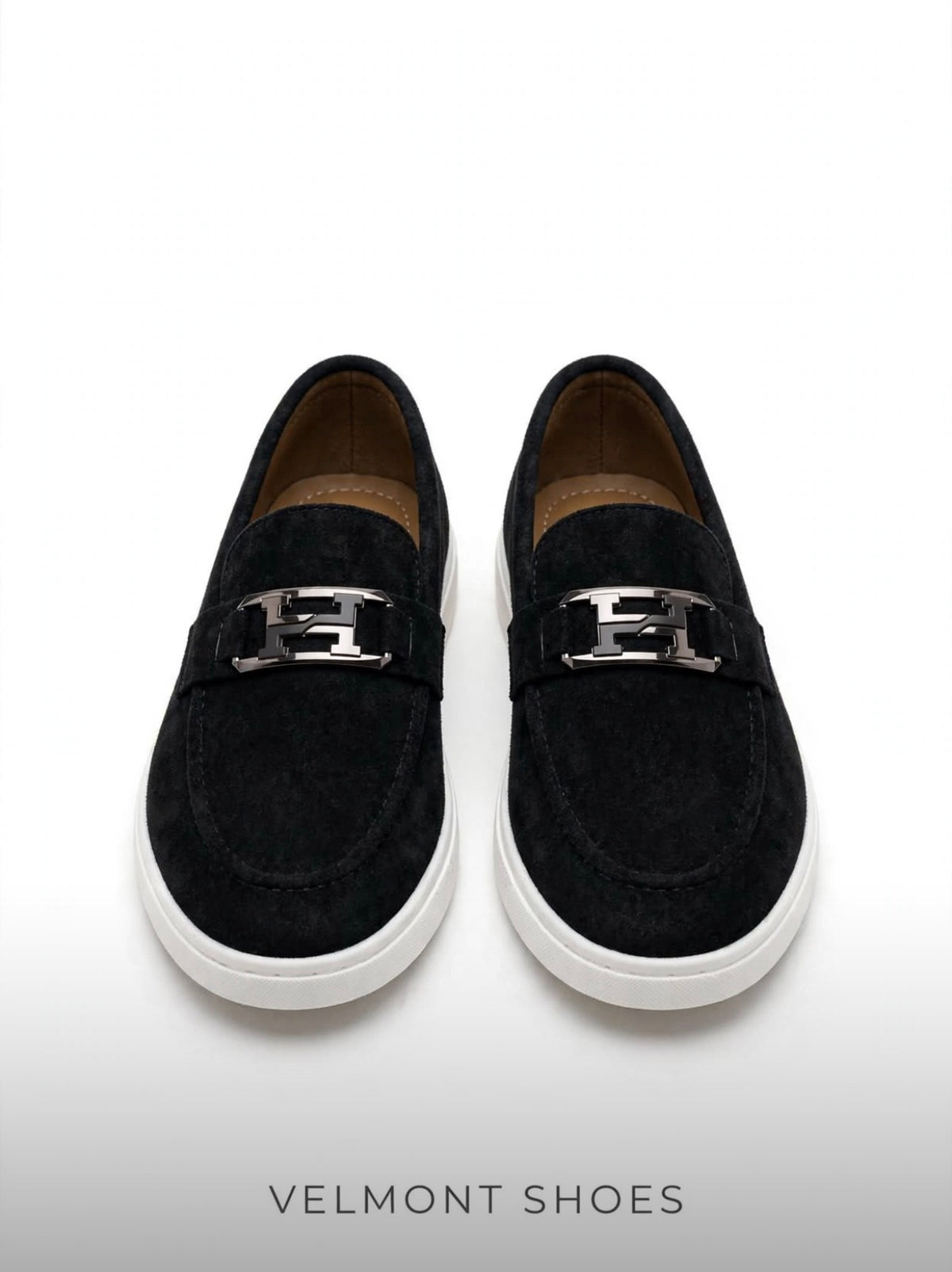 Urban Suede Loafers – Jet Black with Black Gunmetal Buckle – White Sole