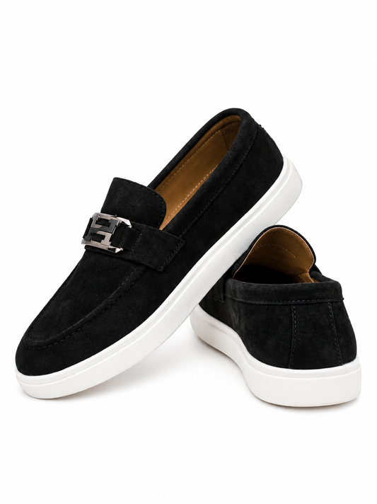 Urban Suede Loafers – Jet Black with Black Gunmetal Buckle – White Sole
