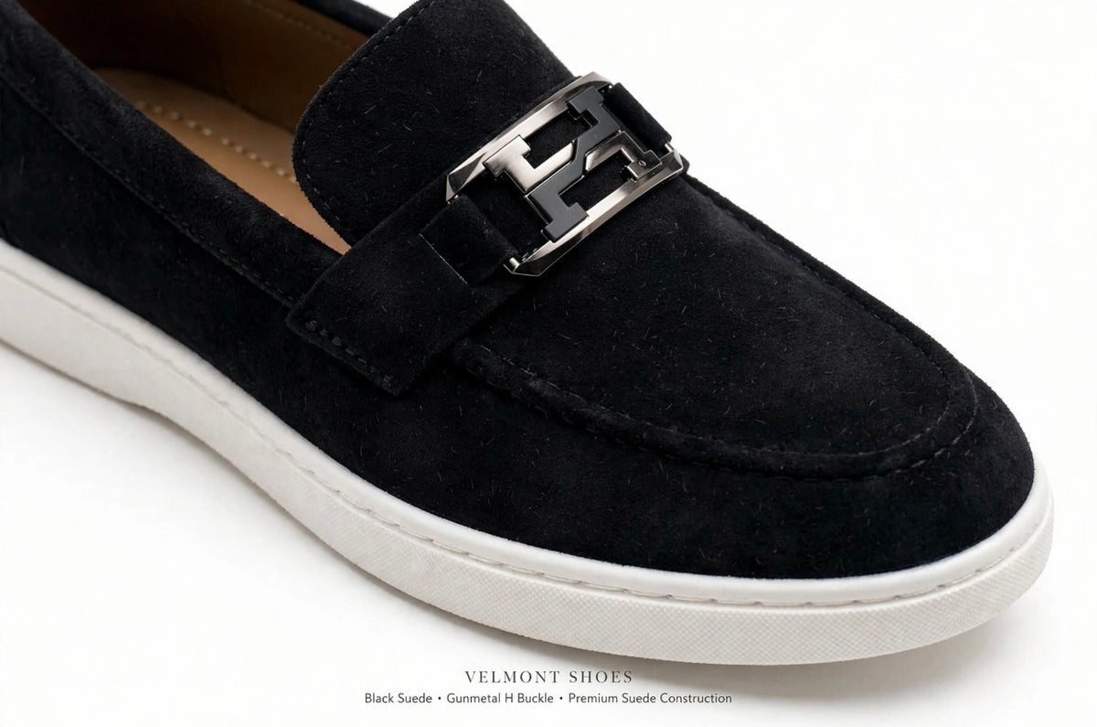 Urban Suede Loafers – Jet Black with Black Gunmetal Buckle – White Sole