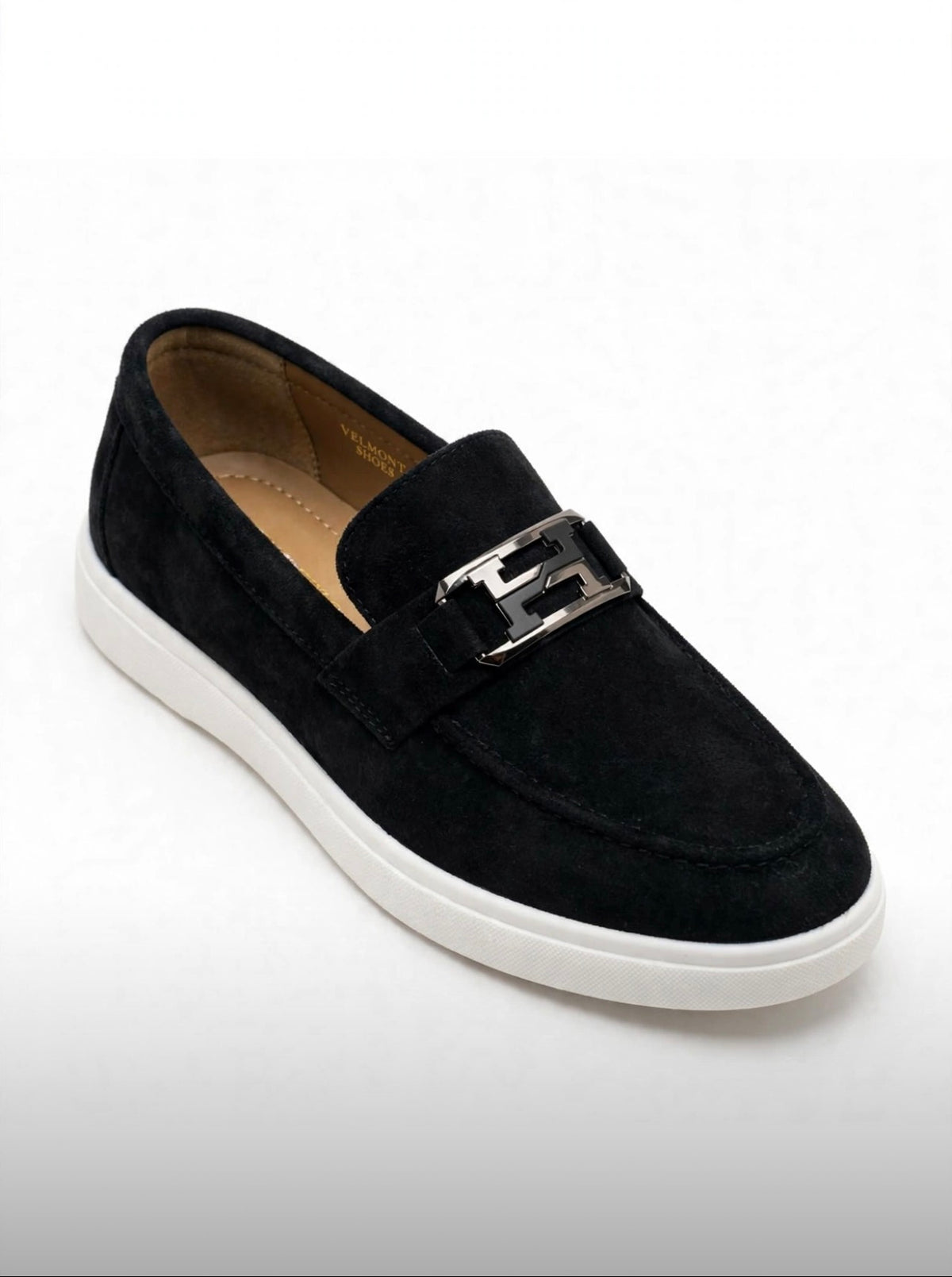 Urban Suede Loafers – Jet Black with Black Gunmetal Buckle – White Sole