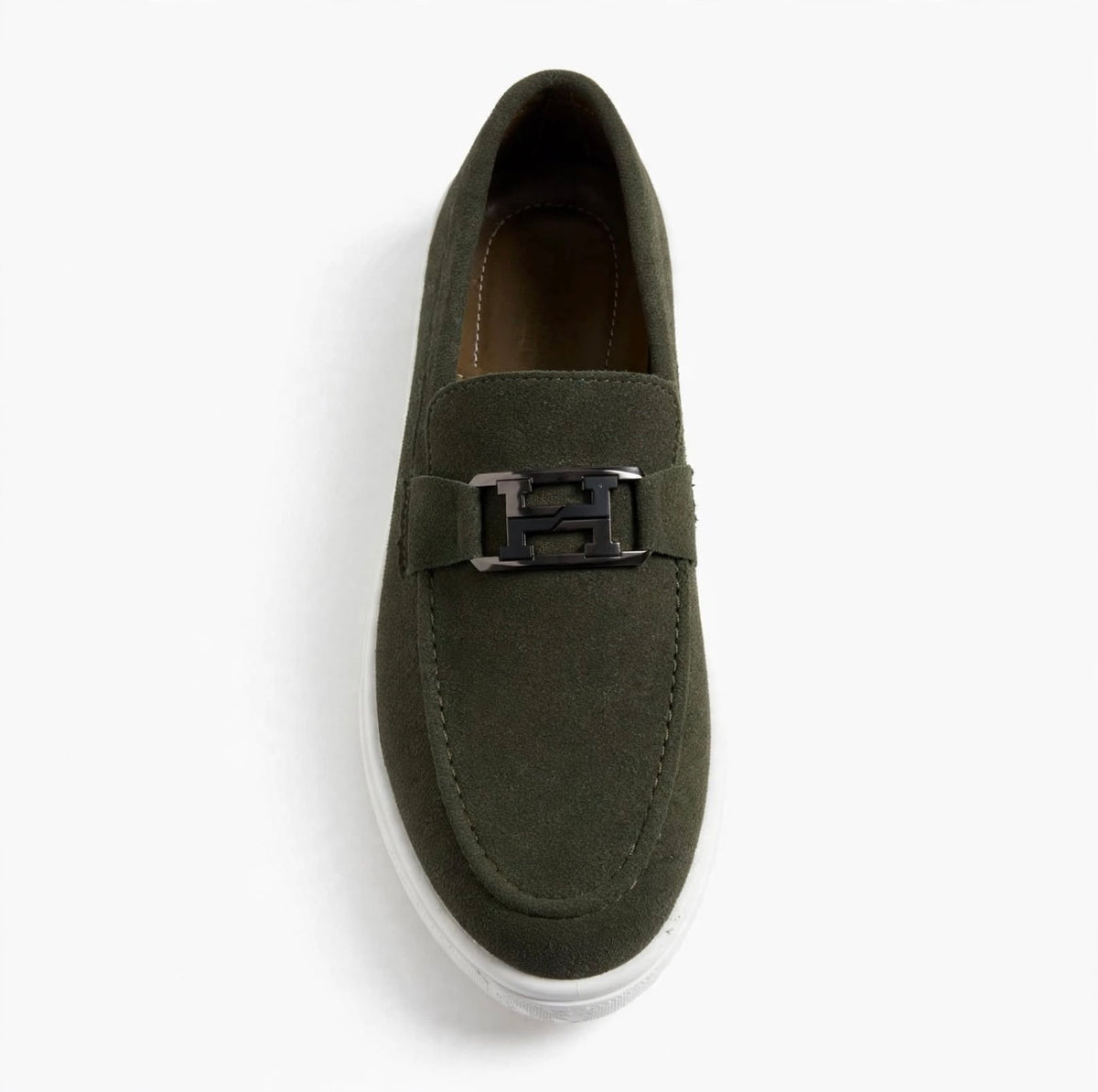 Urban Suede Loafers - Olive Green with Black Gunmetal Buckle - White Sole