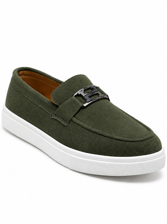 Urban Suede Loafers - Olive Green with Black Gunmetal Buckle - White Sole
