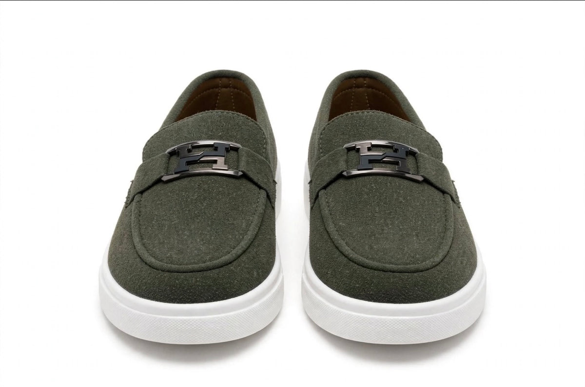 Urban Suede Loafers - Olive Green with Black Gunmetal Buckle - White Sole