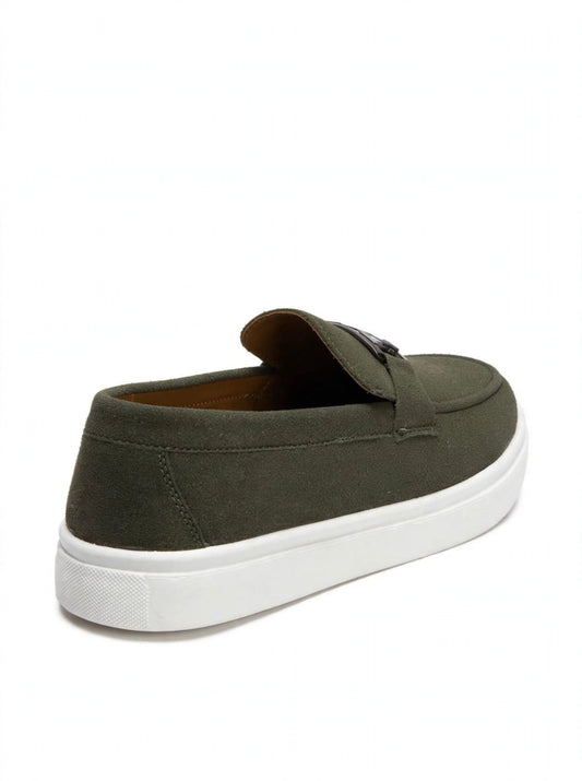Urban Suede Loafers - Olive Green with Black Gunmetal Buckle - White Sole