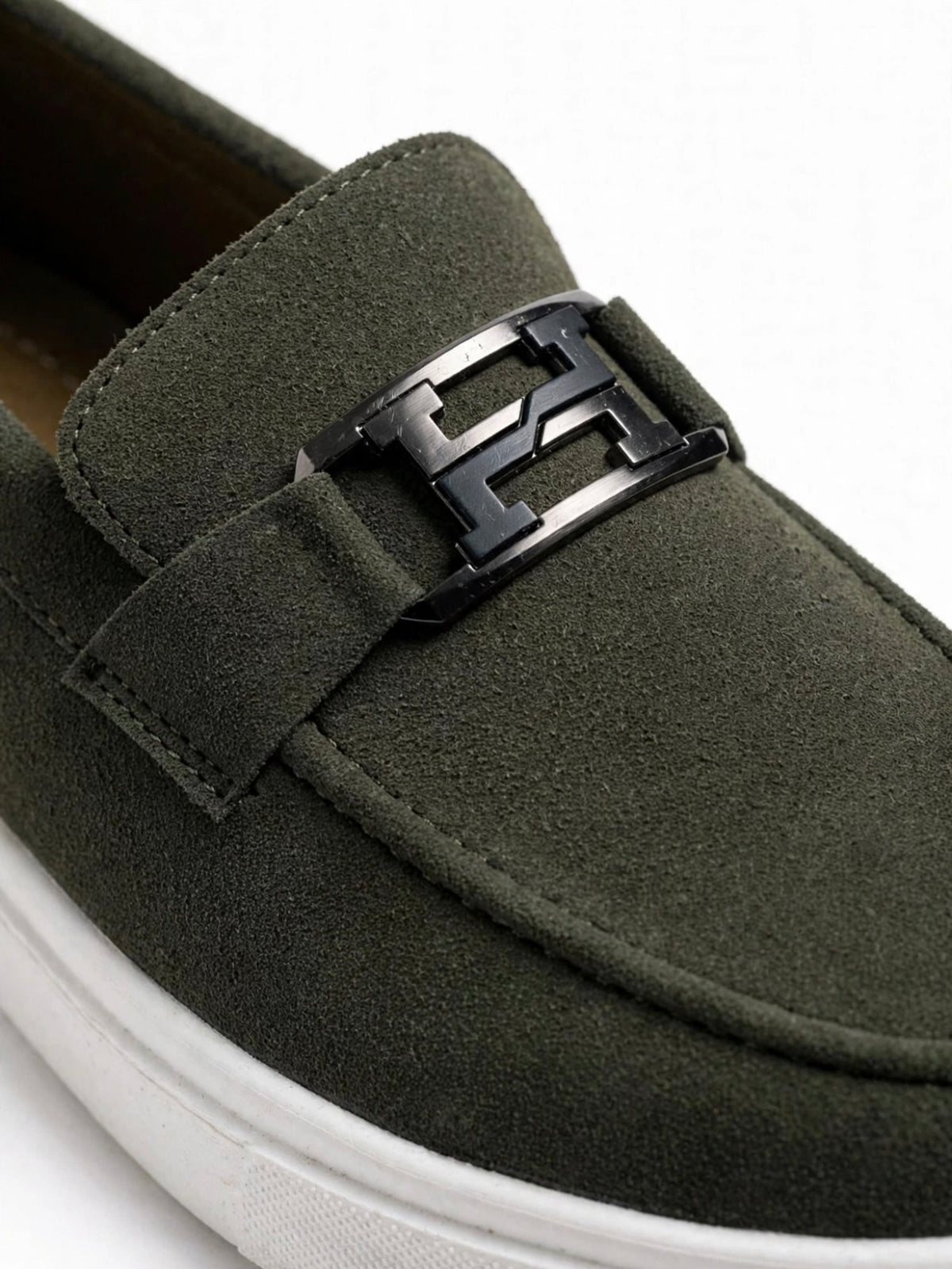 Urban Suede Loafers - Olive Green with Black Gunmetal Buckle - White Sole