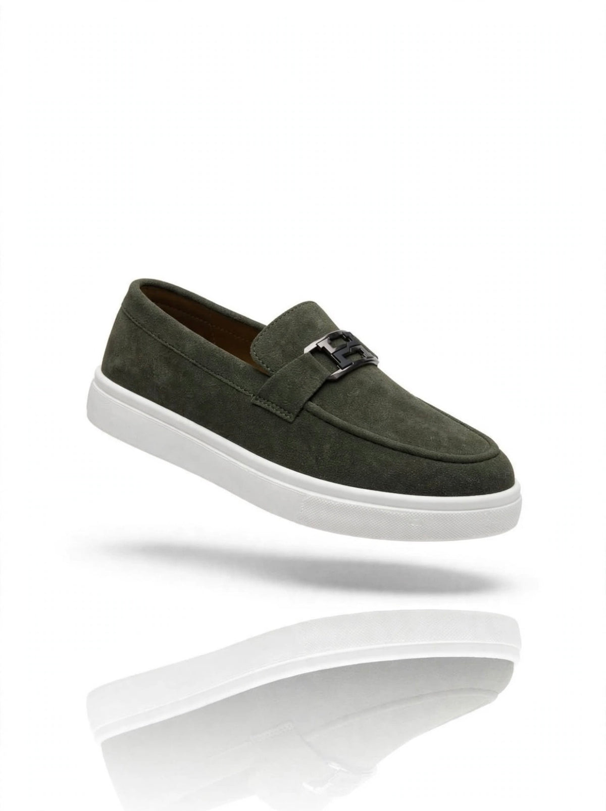 Urban Suede Loafers - Olive Green with Black Gunmetal Buckle - White Sole