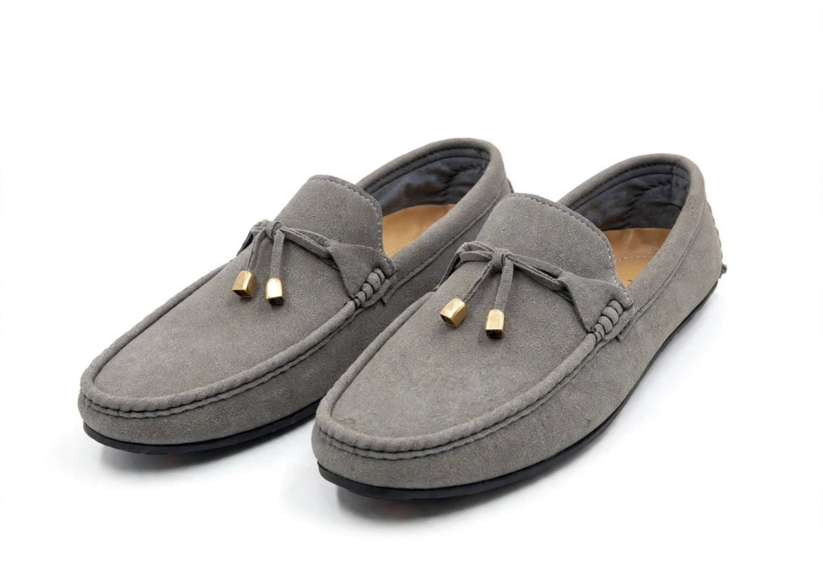 Grey Suede Tassel Loafers – Gold Tips